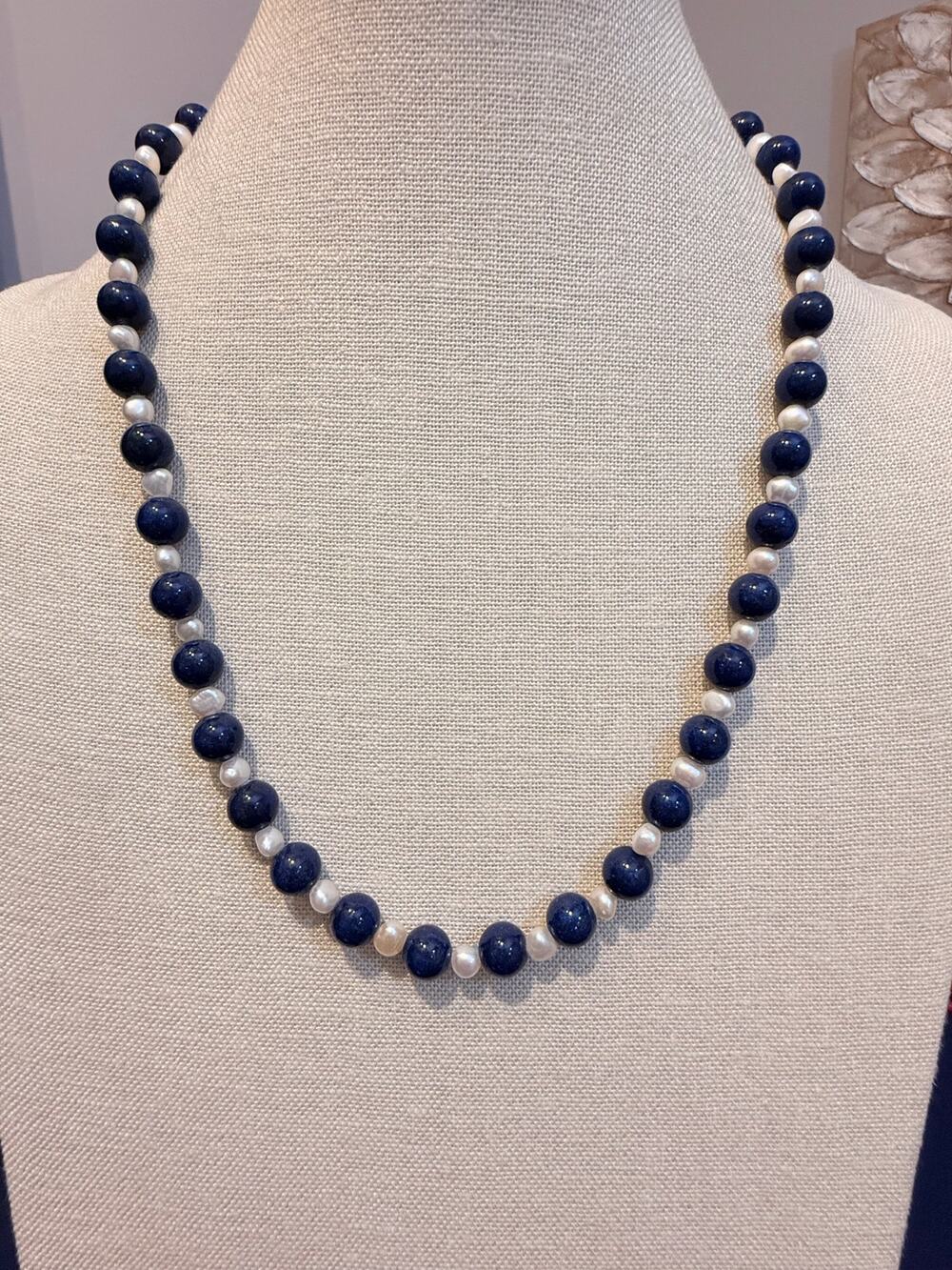 Vintage Blue & White Beaded Necklace 22”